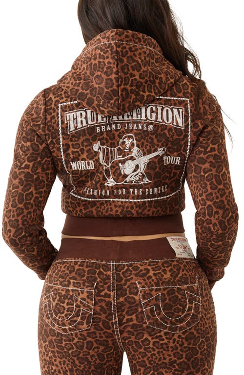 True Religion Leopard Print Embellished Shrunken Zip Hoodie In Brown