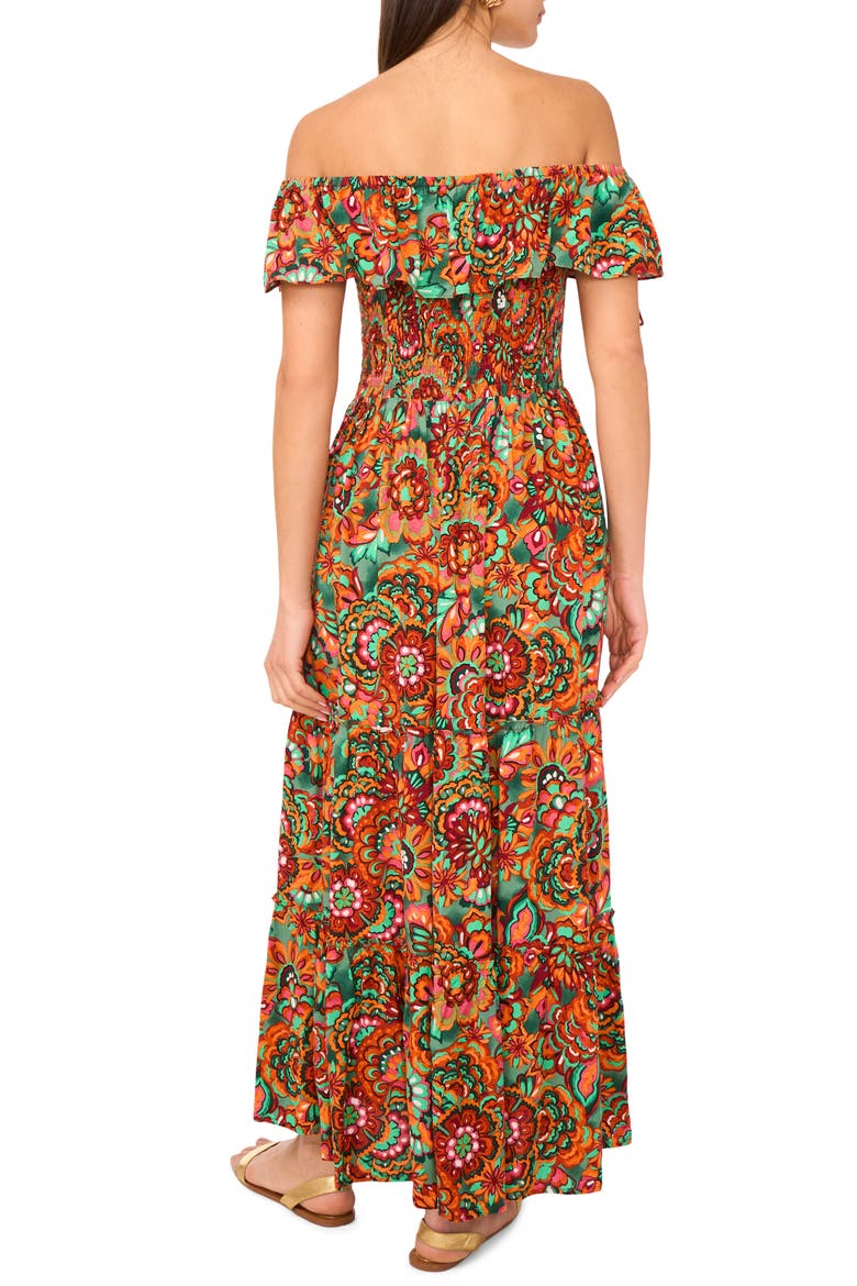 Floral Off the Shoulder Tiered Ruffle Maxi Dress, Alternate, color, CHILI