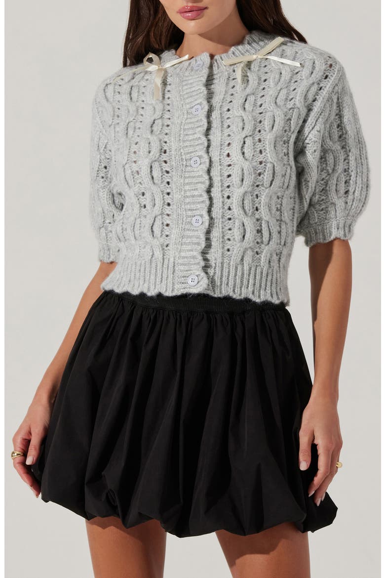 Bow Cable Stitch Short Sleeve Cardigan, Main, color, GREY