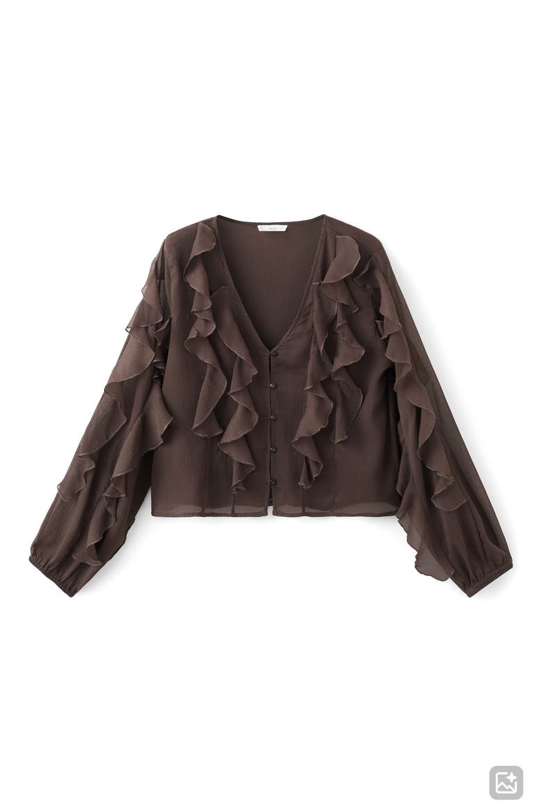 Ruffle Front Button Crop Top, Alternate, color, BROWN