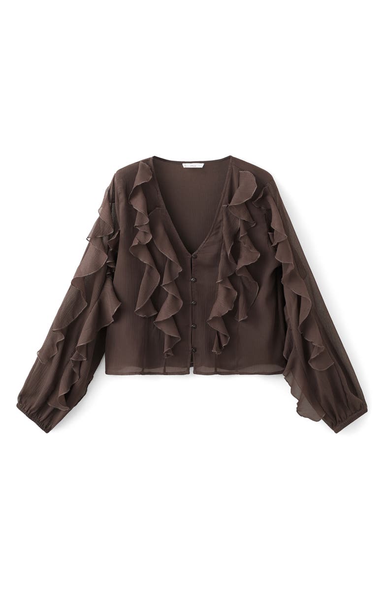 MANGO TEEN Ruffle Front Button Crop Top, Alternate, color, Brown