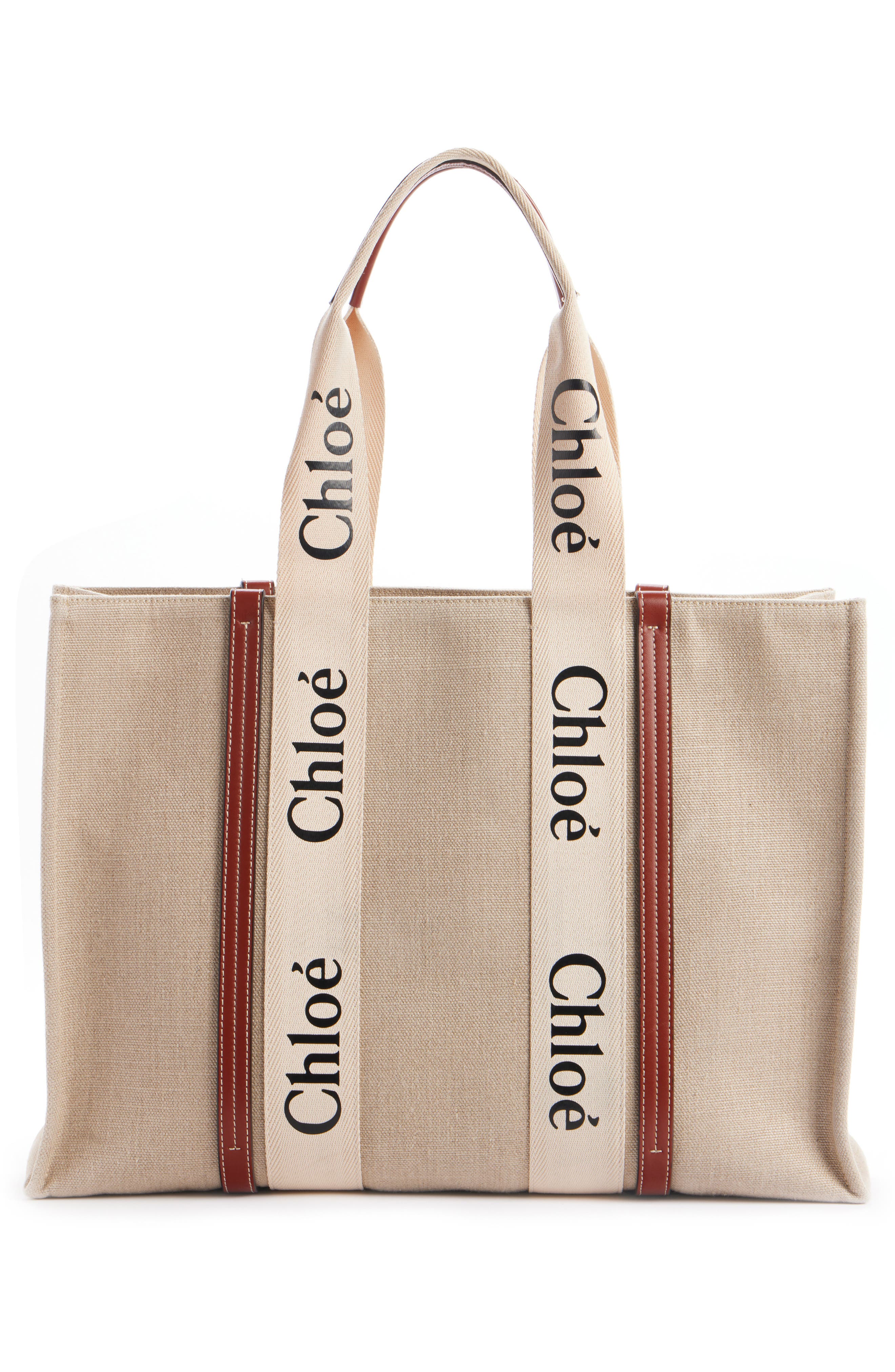 Chloé Medium Woody Linen Tote, Alternate, color, White - Brown 1