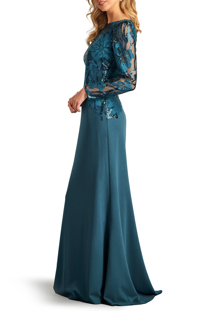 Tadashi Shoji Sequin Floral Jacquard Long Sleeve Gown, Alternate, color, 
