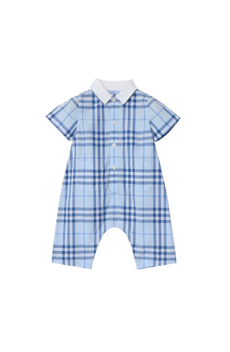 Burberry Check Cotton Playsuit, Main, color, Ice Blue