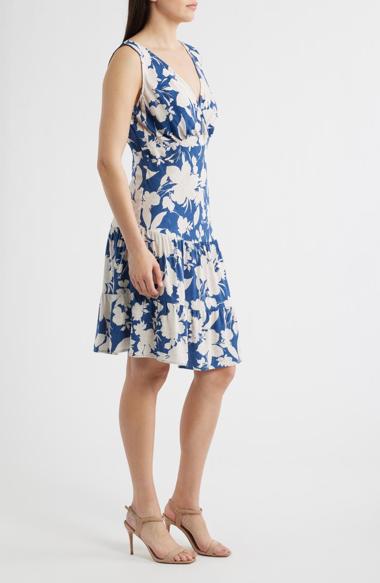 Connected Apparel Print Wrap Front Flare Dress, Alternate, color, Demin