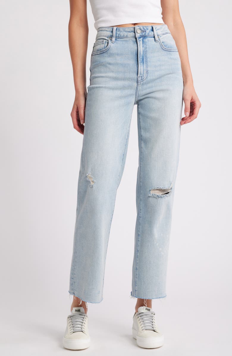 HIDDEN JEANS Bleach Splatter Ripped High Waist Straight Leg Jeans, Main, color, Light Wash