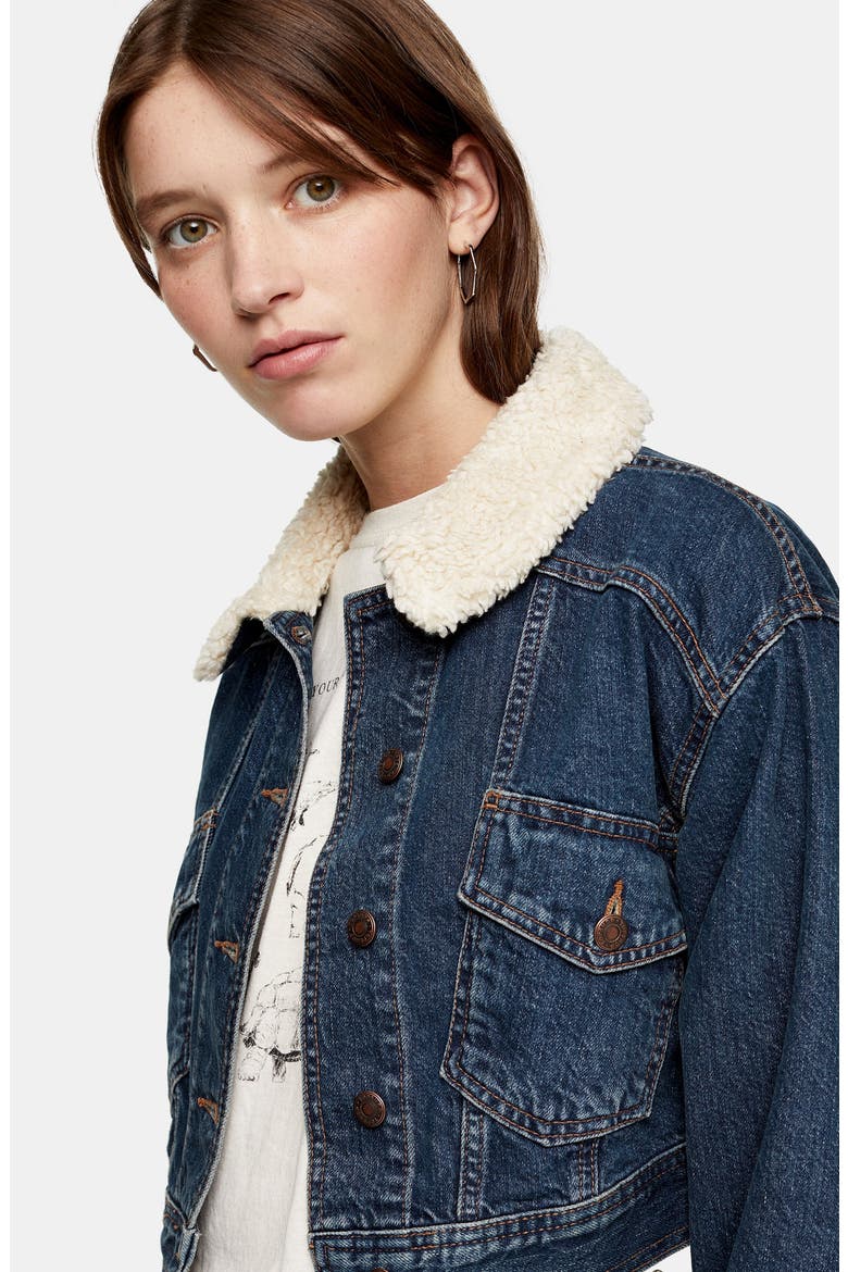Crop Faux Shearling Collar Denim Jacket, Alternate, color, MID DENIM