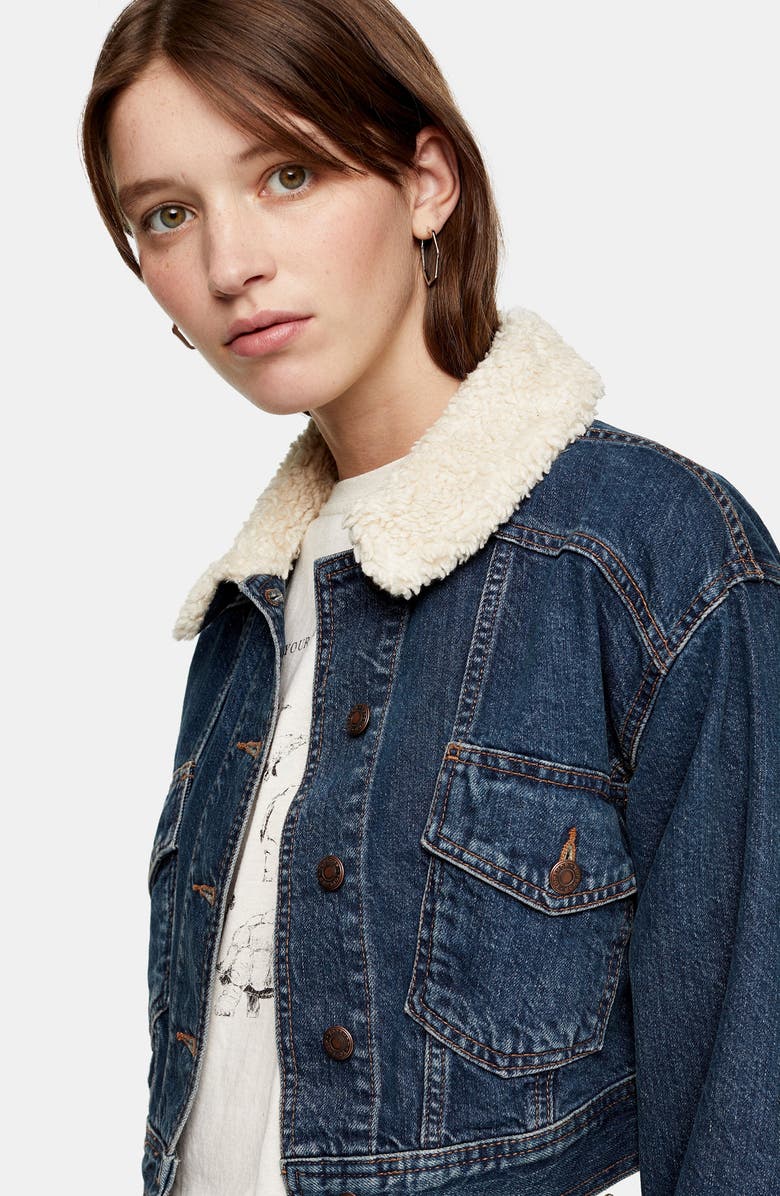 Topshop Crop Faux Shearling Collar Denim Jacket, Alternate, color, 