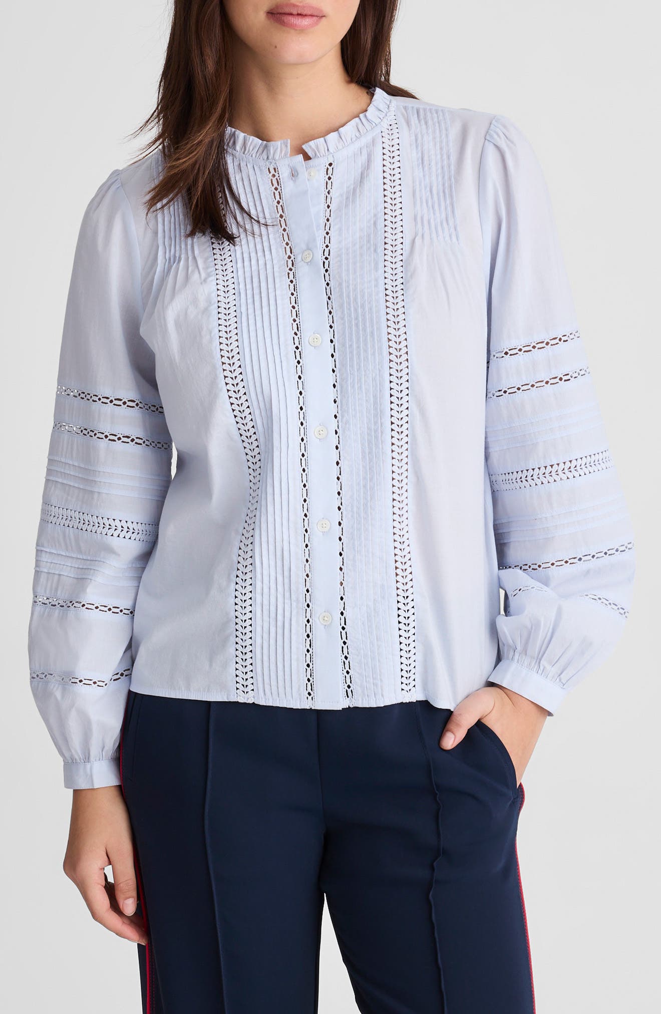 Madewell High Neck Lace Detail Pintuck Cotton Top