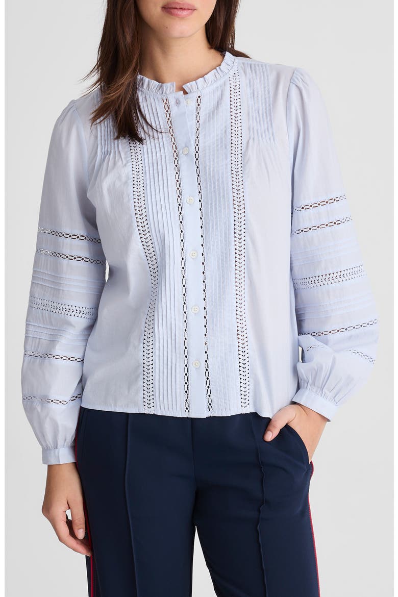 High Neck Lace Detail Pintuck Cotton Top, Main, color, SOFT BLUE