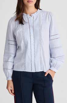 Madewell High Neck Lace Detail Pintuck Cotton Top