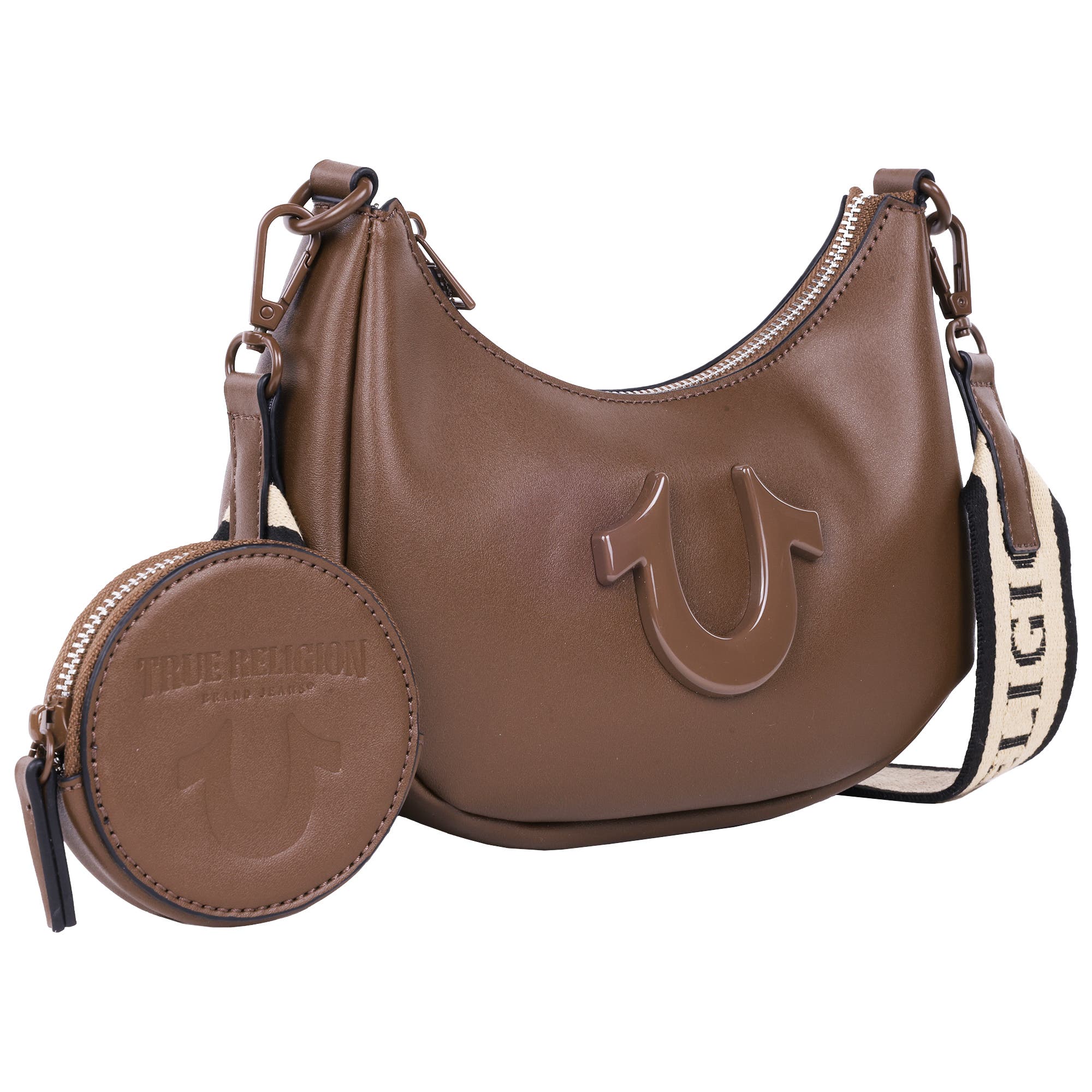 True Religion Logo Strap Crescent Hobo, Alternate, color, Brown