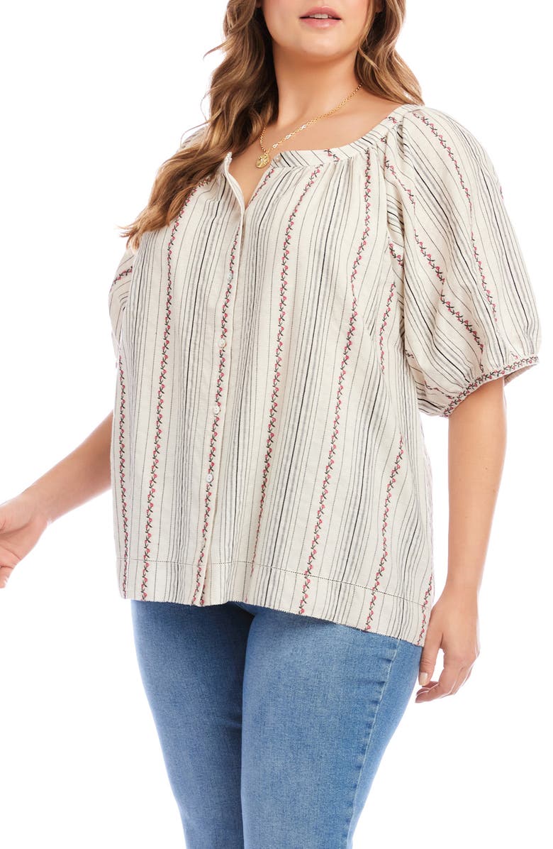 Karen Kane Stripe Floral Embroidered Cotton Peasant Top, Alternate, color, Natural