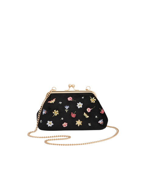 Floral Ditsy Embroidered Black Velvet Clutch Bag