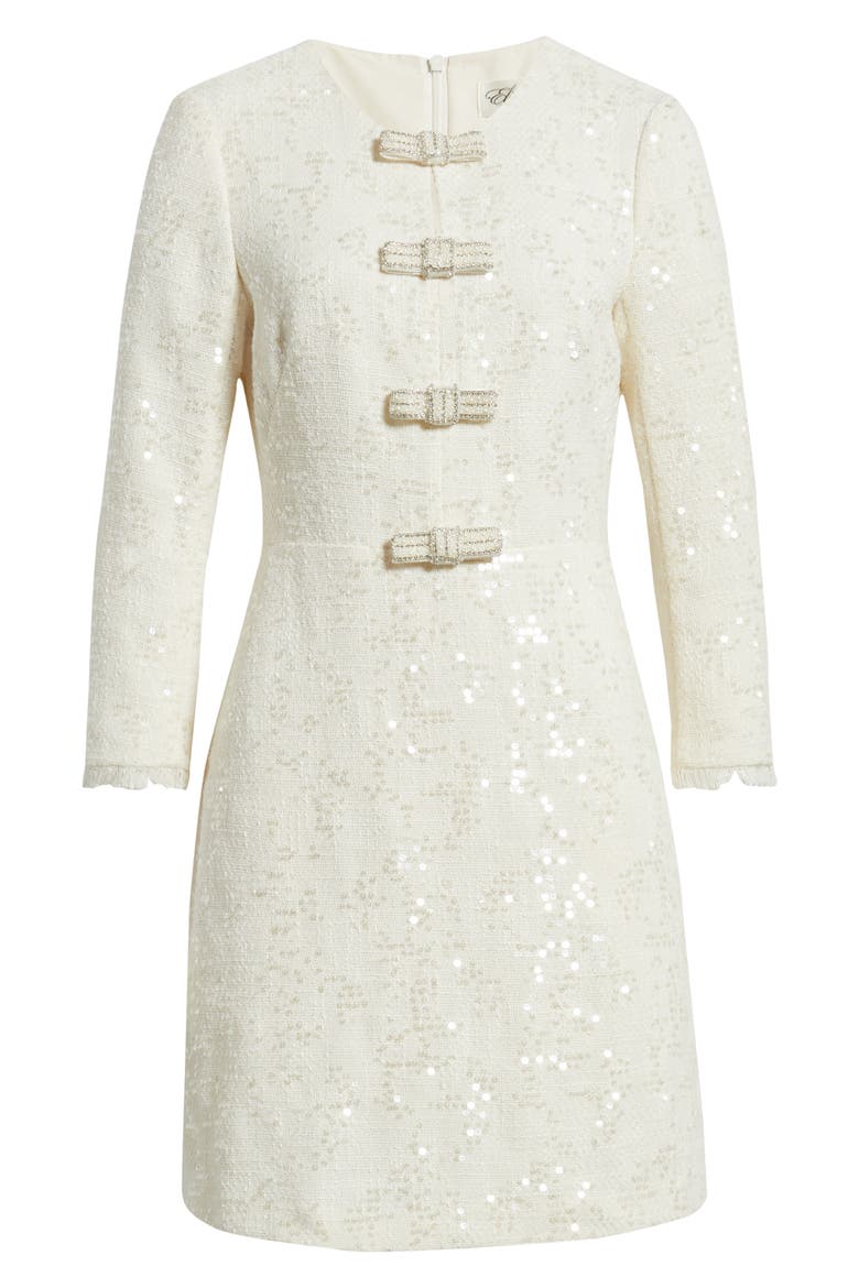 Bow Detail Sequin Tweed Sheath Dress, Alternate, color, IVORY