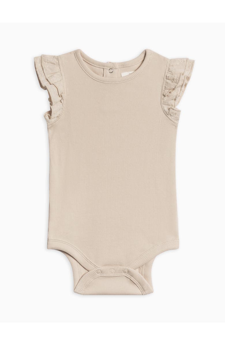 Colored Organics Organic Cotton Maggie Ribbed Short Sleeve Bodysuit with Eyelet Ruffle, Main, color, Oat