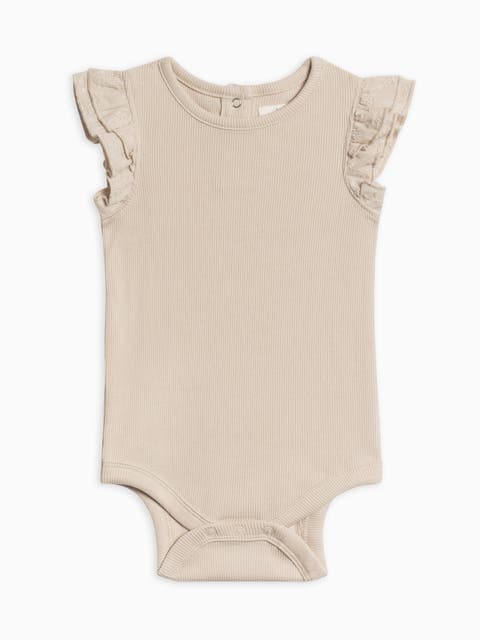 Organic Cotton Maggie Ribbed Short Sleeve Bodysuit with Eyelet Ruffle (Baby)