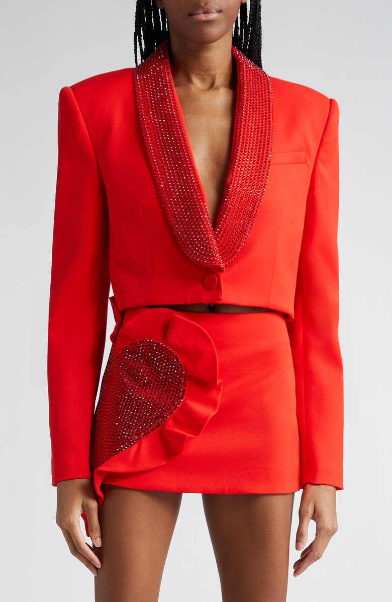 Area Crystal Embellished Cutout Crop Stretch Wool Tuxedo Jacket, Main, color,