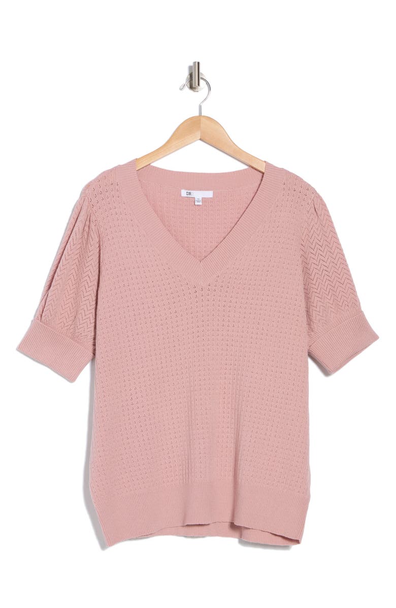 DR2 by Daniel Rainn V-Neck Short Sleeve Pointelle Sweater, Alternate, color, Petal Pink