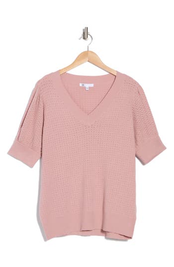 Dr2 By Daniel Rainn V-neck Short Sleeve Pointelle Sweater In Petal Pink