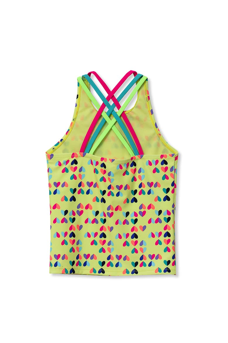 Girls Chlorine Resistant Strappy X-Back Tankini Top, Alternate, color, Hearts/Neon Yellow