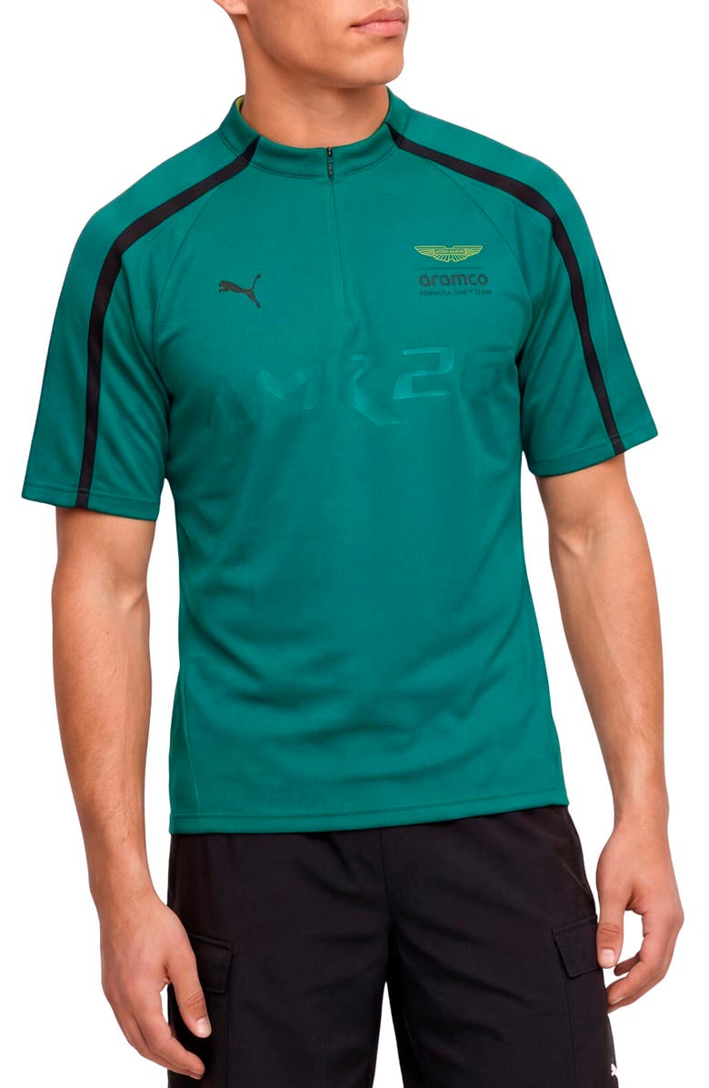 PUMA x AMF1 Lifestyle Short Sleeve Quarter Zip Jersey, Main, color, Green Lux