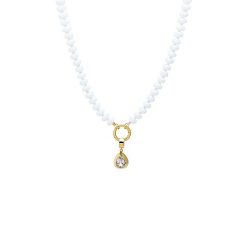 Colored Natural Stone Beaded /CZ Pear Bezel Charm Necklace