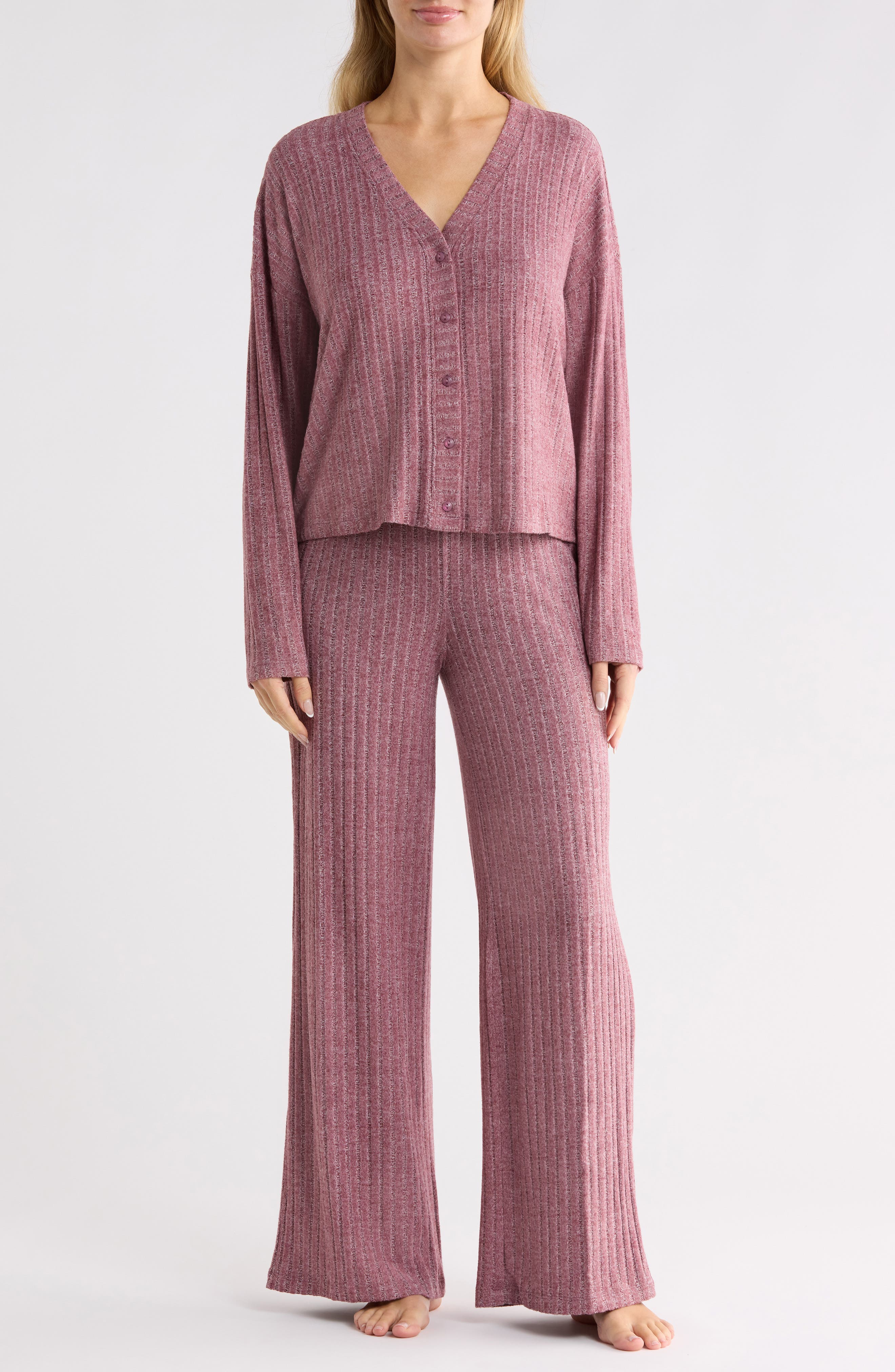 YOGALICIOUS Cozy Rib V-Neck Cardigan & Pants Lounge Set (Women ...