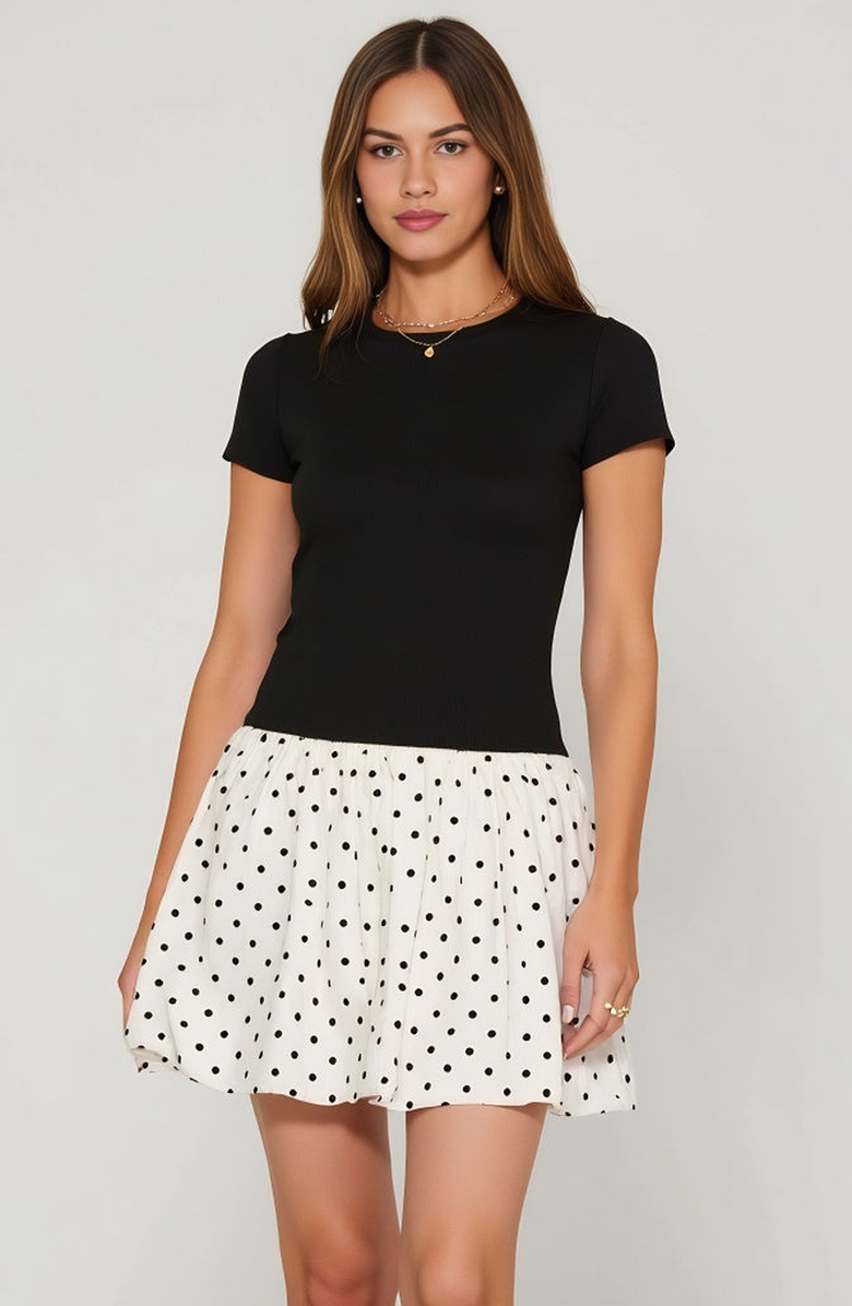Modenaire Fitted Knit Bodice Short Sleeve Dress with Polka Dot Bubble Skirt, Main, color, Black / White