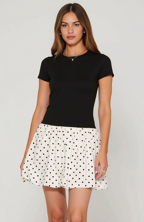 Fitted Knit Bodice Short Sleeve Dress with Polka Dot Bubble Skirt