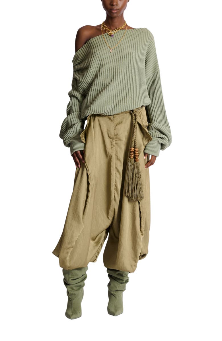 Balmain Draped asymmetrical jumper in ribbed silk knit, Alternate, color, Green