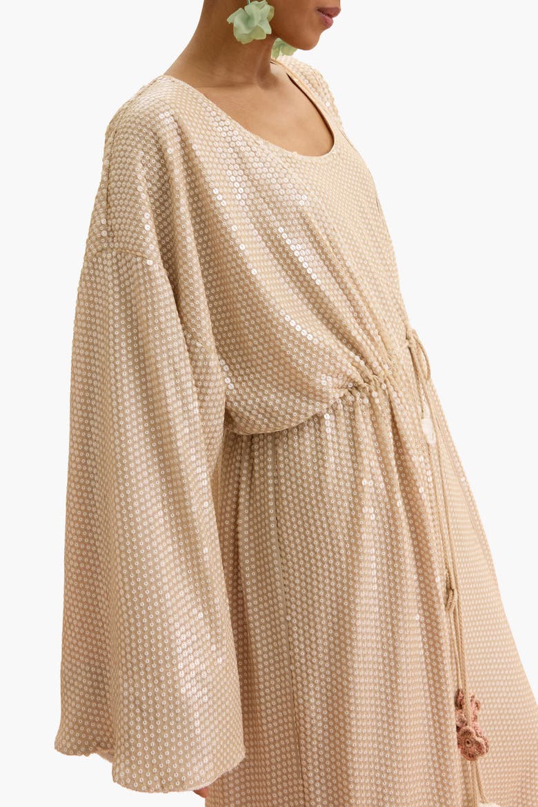 Sequin Cape With Floral Tassel Tie Waist, Alternate, color, Beige