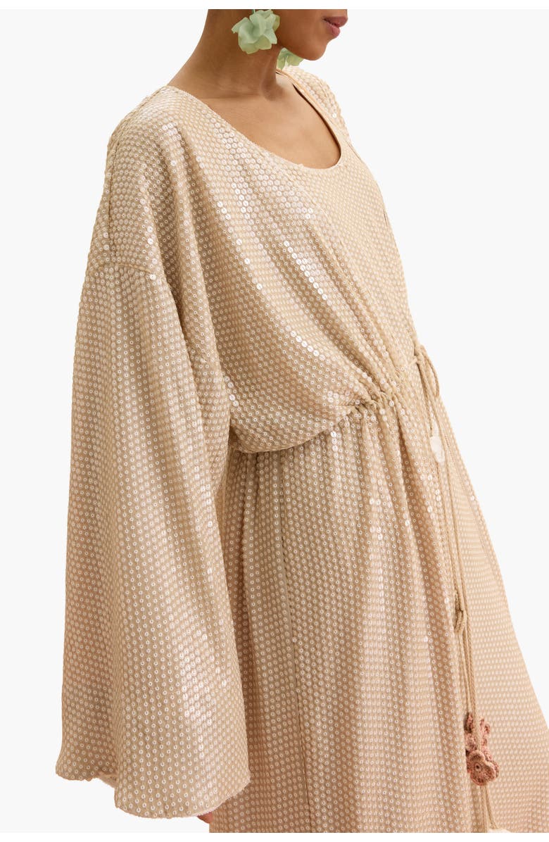 Malva Florea Sequin Cape With Floral Tassel Tie Waist, Alternate, color, Beige