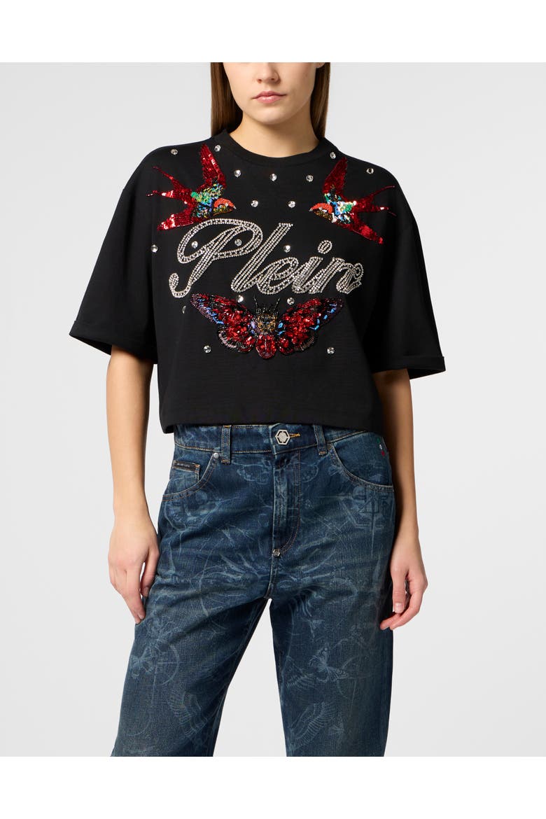 Cropped T-Shirt Tattoo Strass Women, Main, color, black