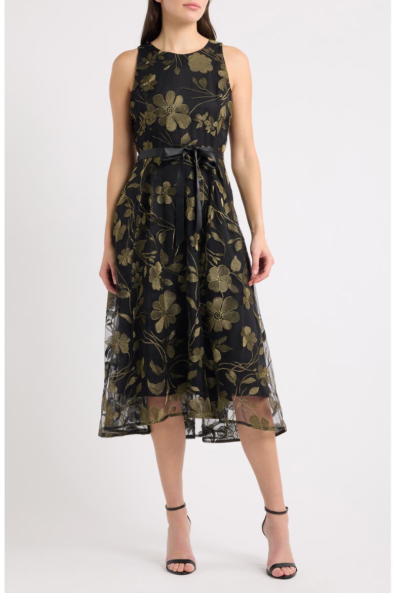 Belted Metallic Floral Embroidered Fit & Flare Midi Dress, Main, color, BLACK GOLD