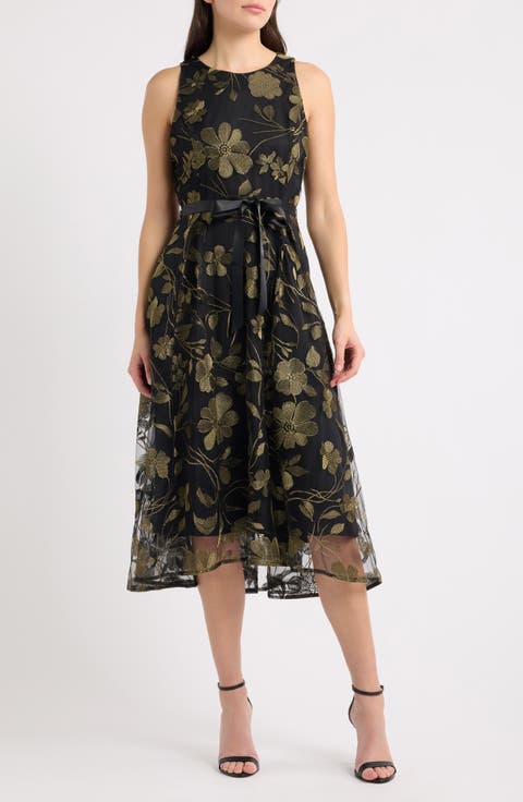 Belted Metallic Floral Embroidered Fit & Flare Midi Dress