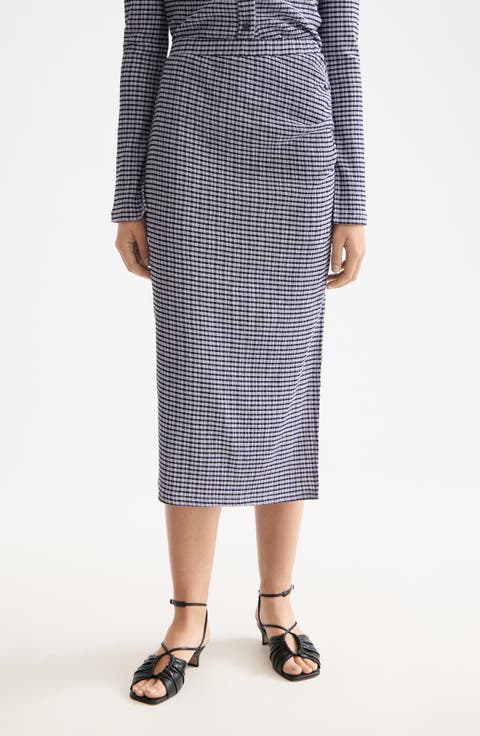 Ruched Gingham Midi Skirt
