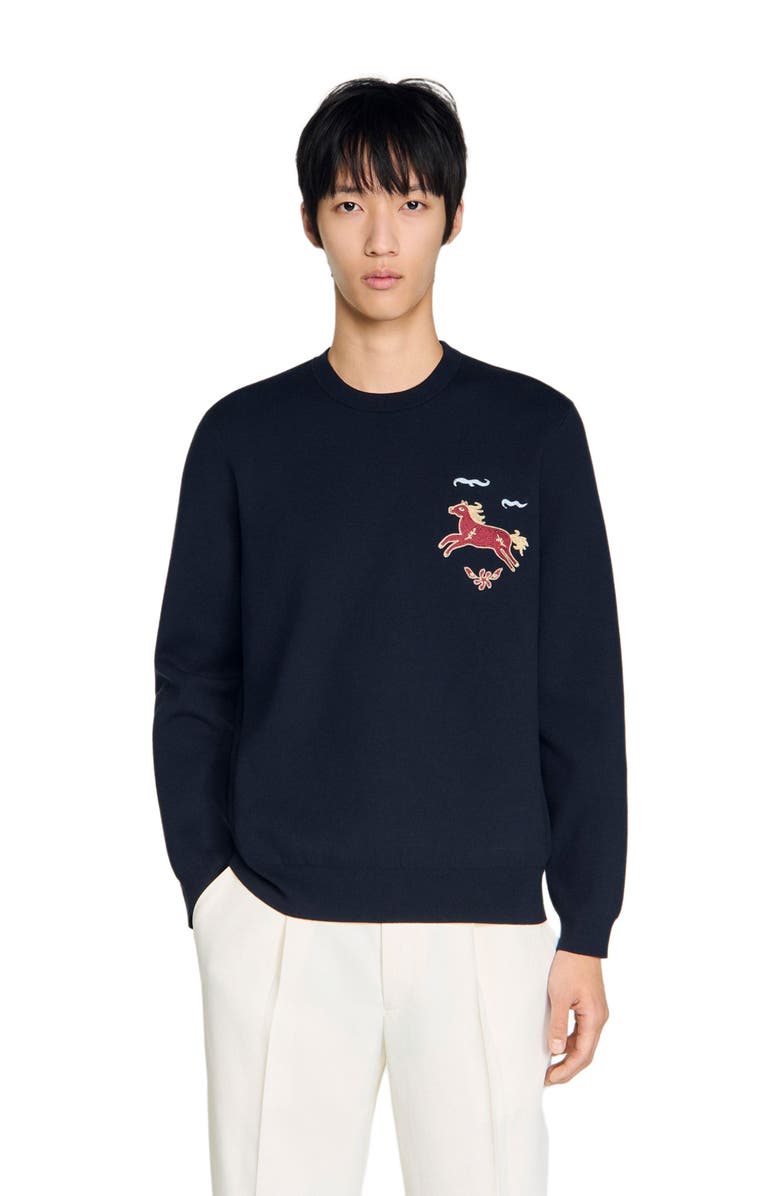 SANDRO Embroidered horse sweatshirt, Main, color, Navy Blue