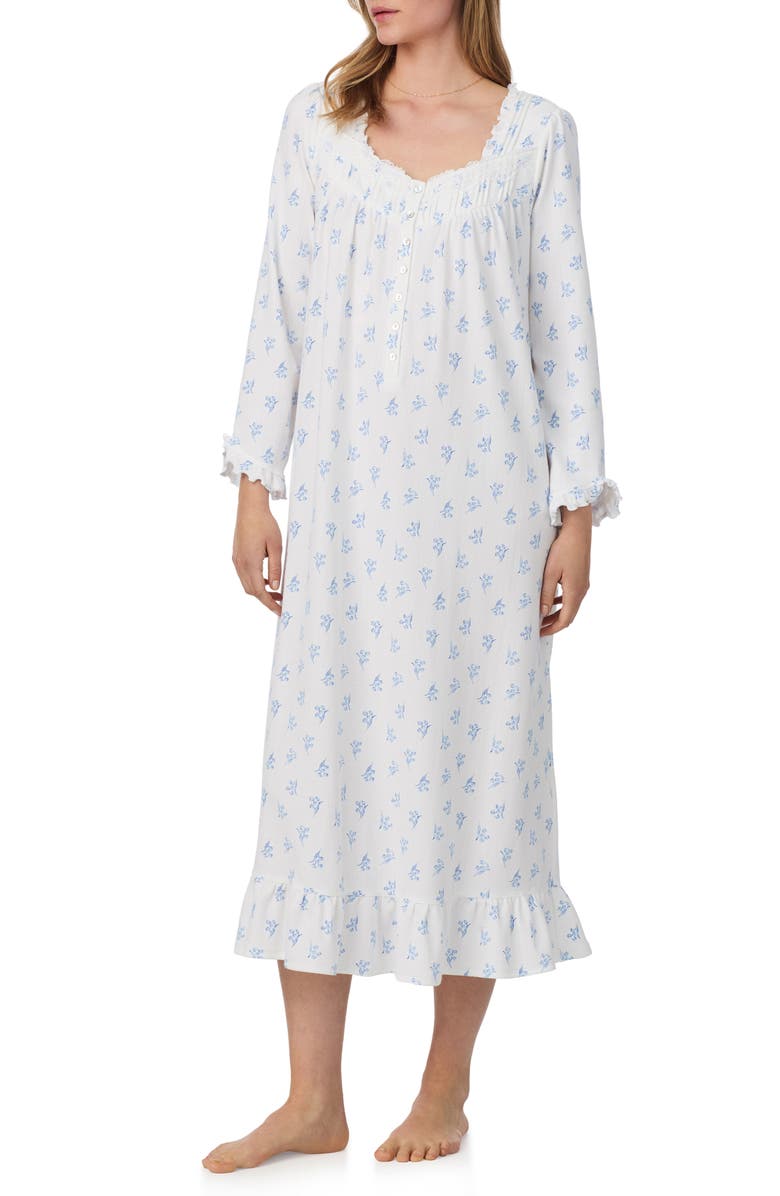Eileen West Long Sleeve Stretch Cotton Pointelle Ballet Nightgown, Alternate, color, White/ Ditsy Floral