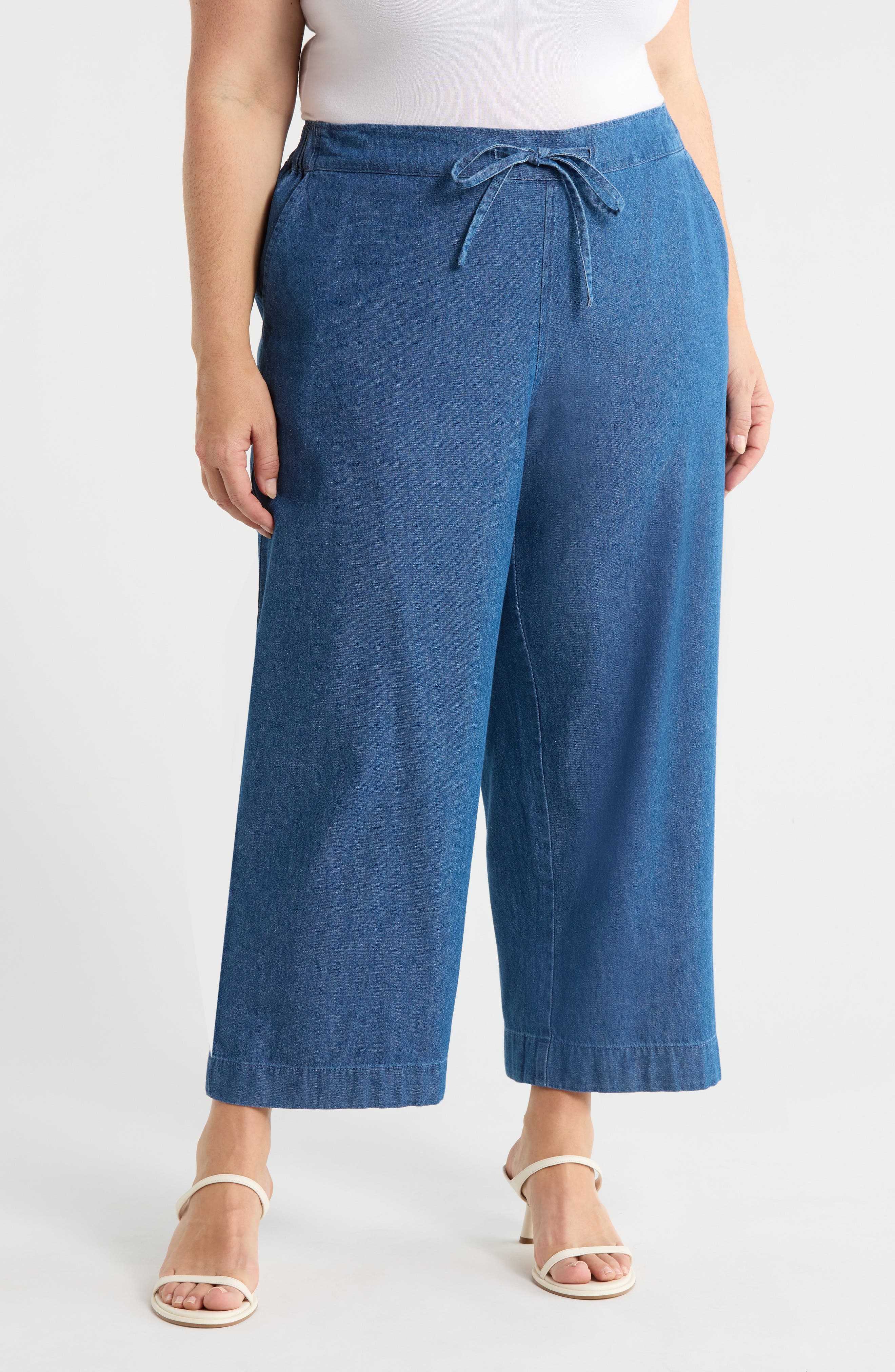 Pull-On Drawstring Chambray Crop Wide Leg Pants