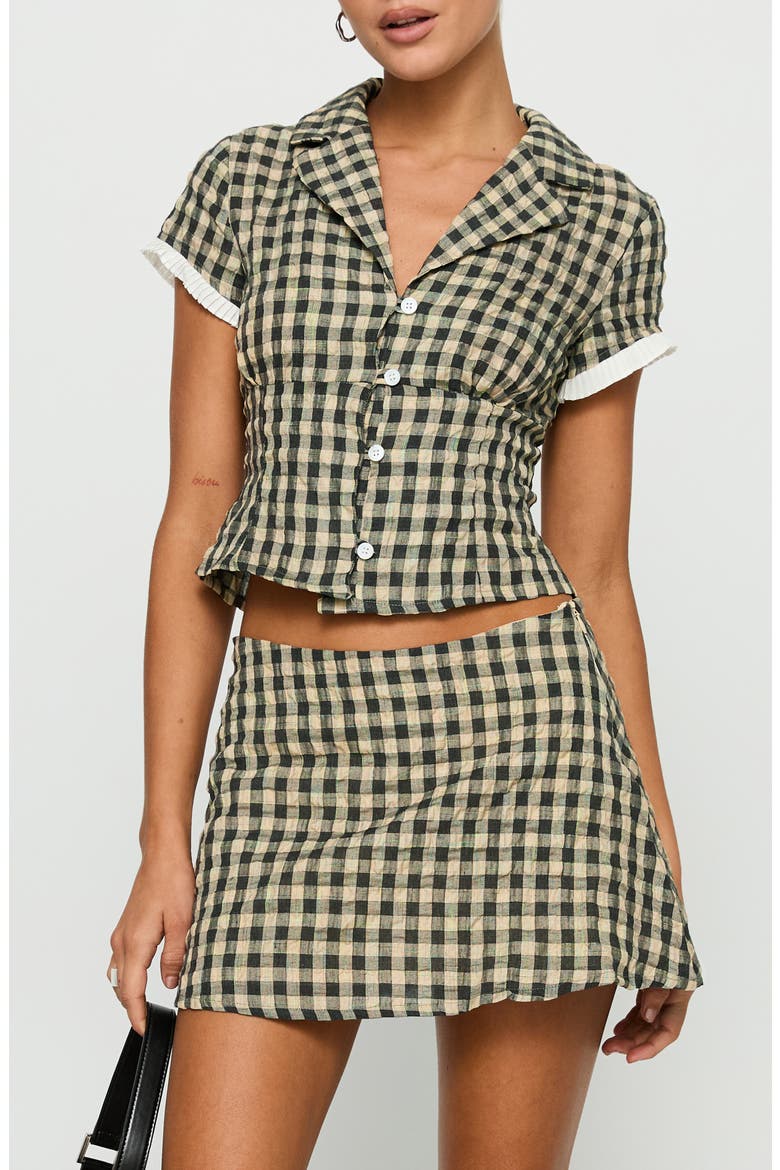 Rhom Check Cotton Crop Button-Up Shirt & Miniskirt Set, Alternate, color, BROWN CHECK