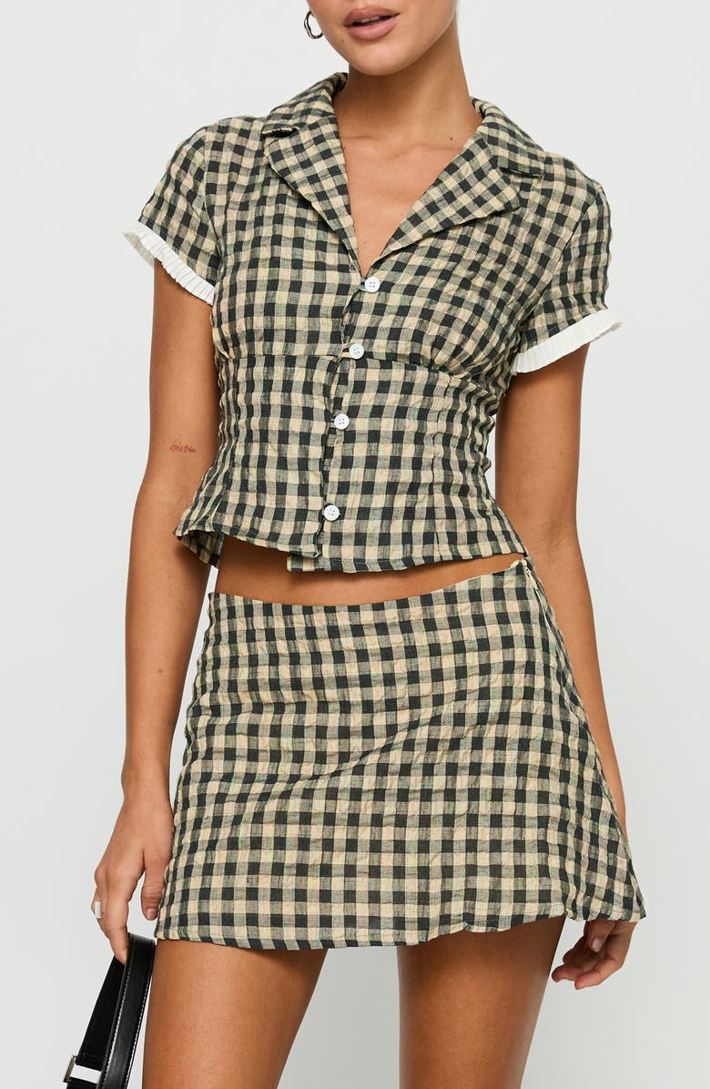 Princess Polly Rhom Check Cotton Crop Button-Up Shirt & Miniskirt Set, Alternate, color, Brown Check