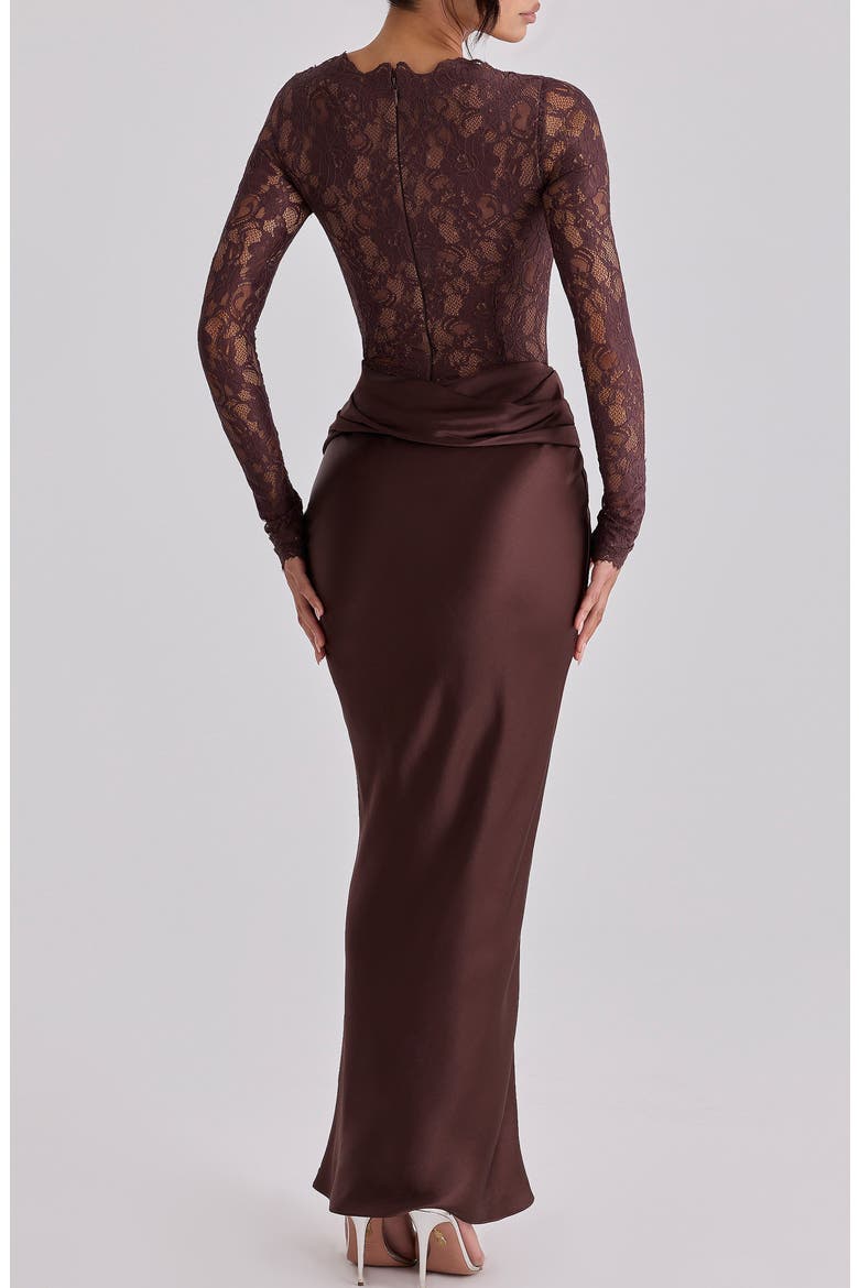 Yasmeen Long Sleeve Lace & Satin Two-Piece Gown, Alternate, color, BROWN