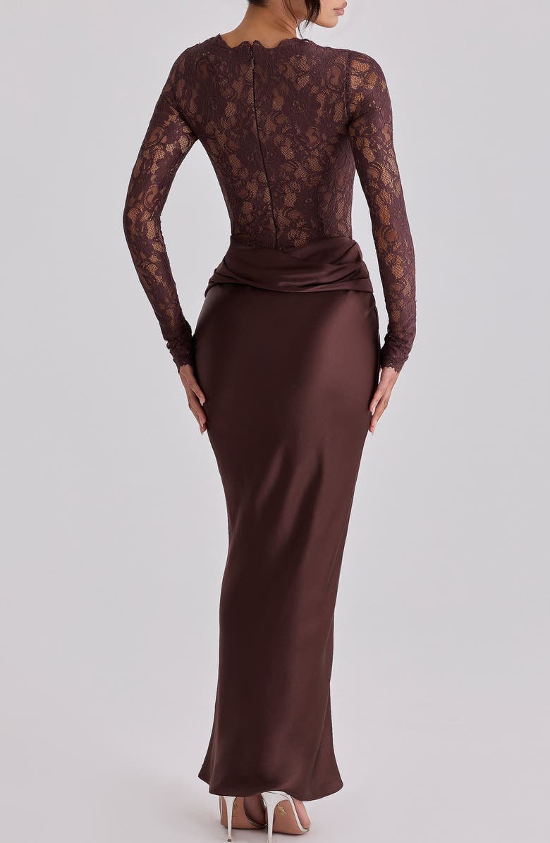 HOUSE OF CB Yasmeen Long Sleeve Lace & Satin Two-Piece Gown, Alternate, color, Brown
