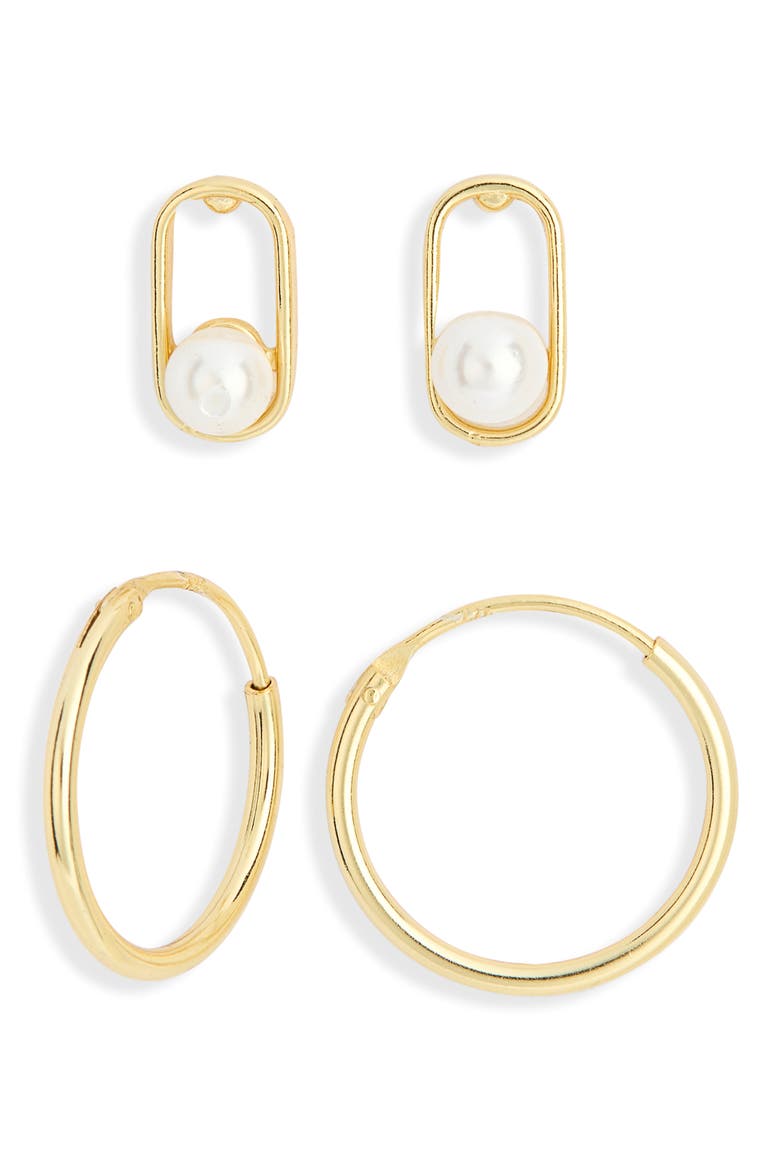 Set of 2 Twisted Pearl Stud & Hoop Earrings, Main, color, GOLD