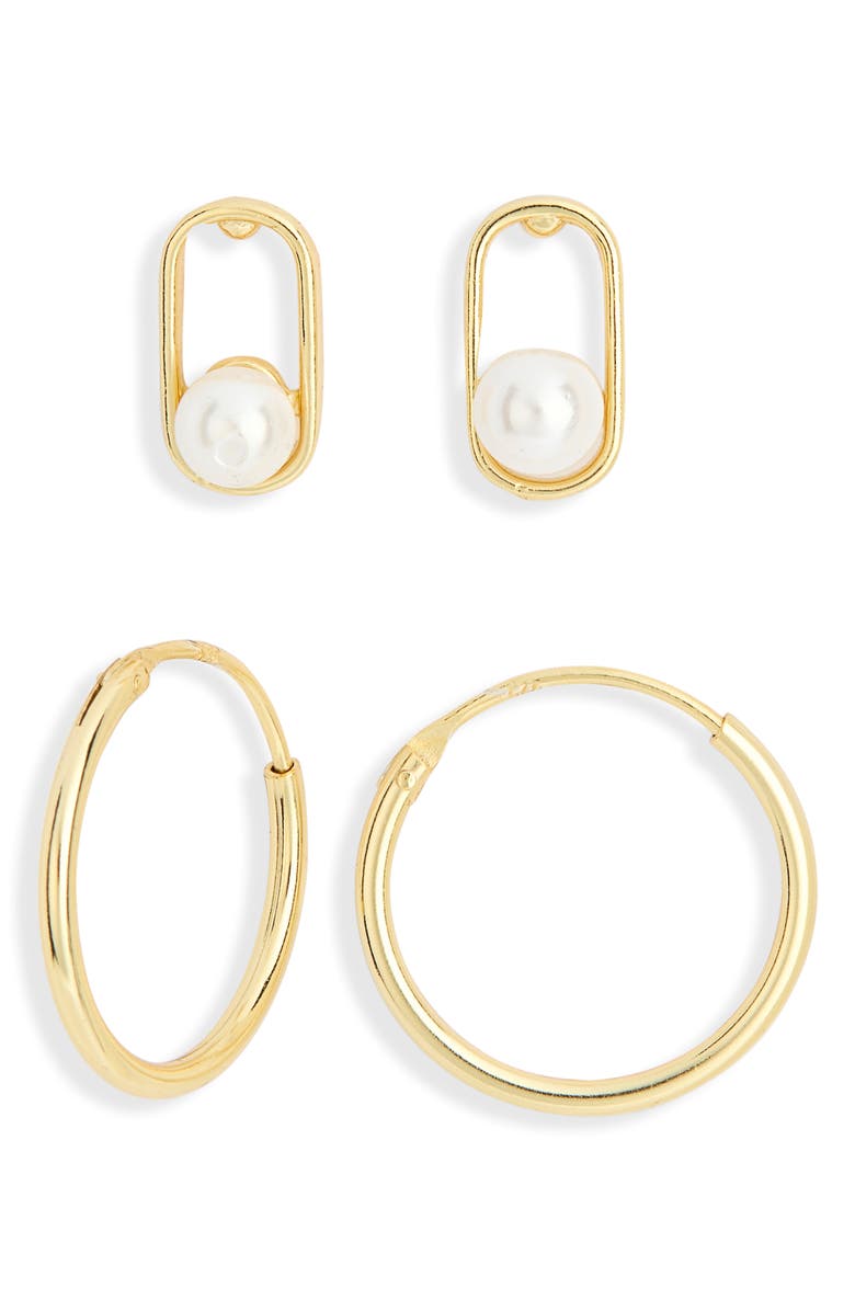 Argento Vivo Sterling Silver Set of 2 Twisted Pearl Stud & Hoop Earrings, Main, color, Gold
