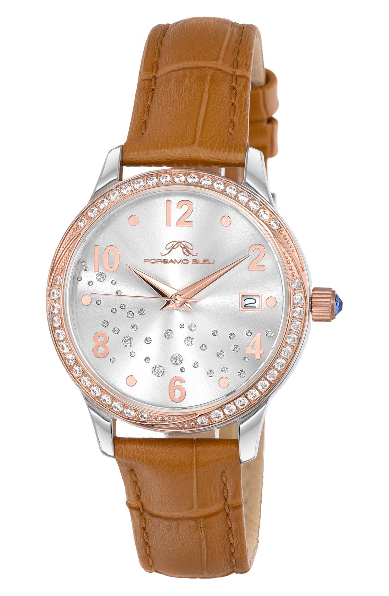 PORSAMO BLEU Ruby Sunray Croc Embossed Leather Strap Watch, 34mm