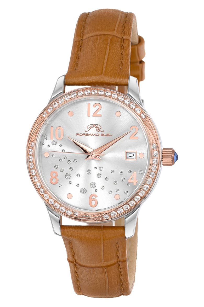 Ruby Sunray Croc Embossed Leather Strap Watch, 34mm, Main, color, BROWN/ROSE/SILVER