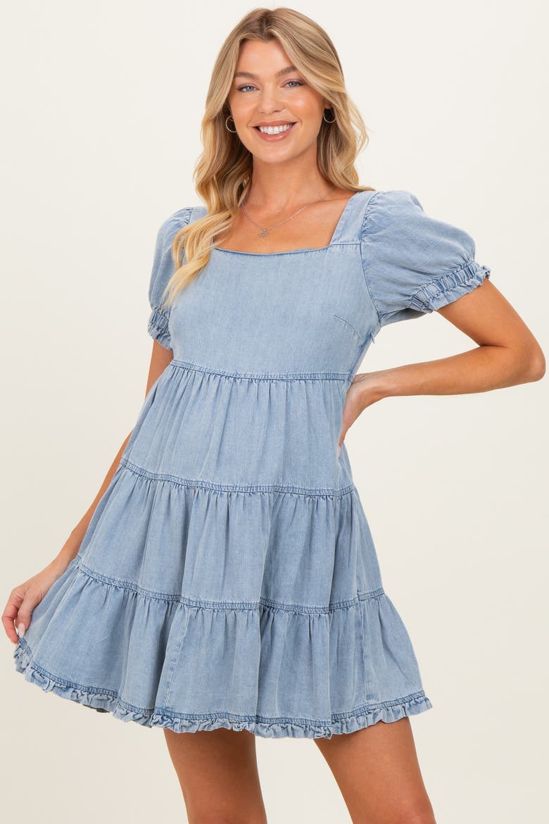 Blue Denim Washed Chambray Tiered Babydoll Mini Dress, Alternate, color, Light Blue