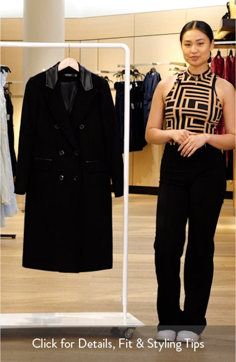 Faux Leather Trim Double Breasted Wool Blend Reefer Coat, sales video thumbnail